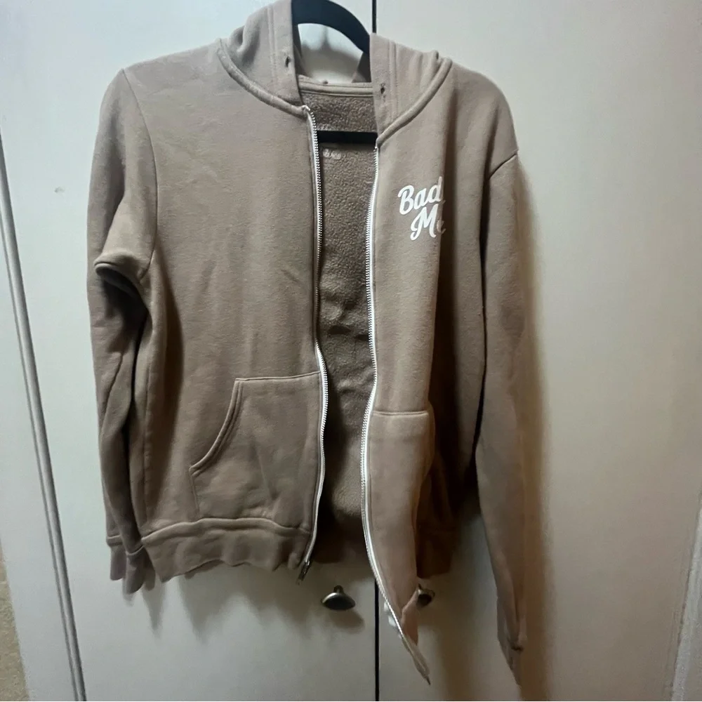 Tan and White Zip-Up ‘Badass Motha’ Hoodie Jacket